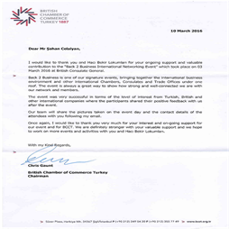 2016 İngiliz  Ticaret  Odası Teşekkür Mektubu